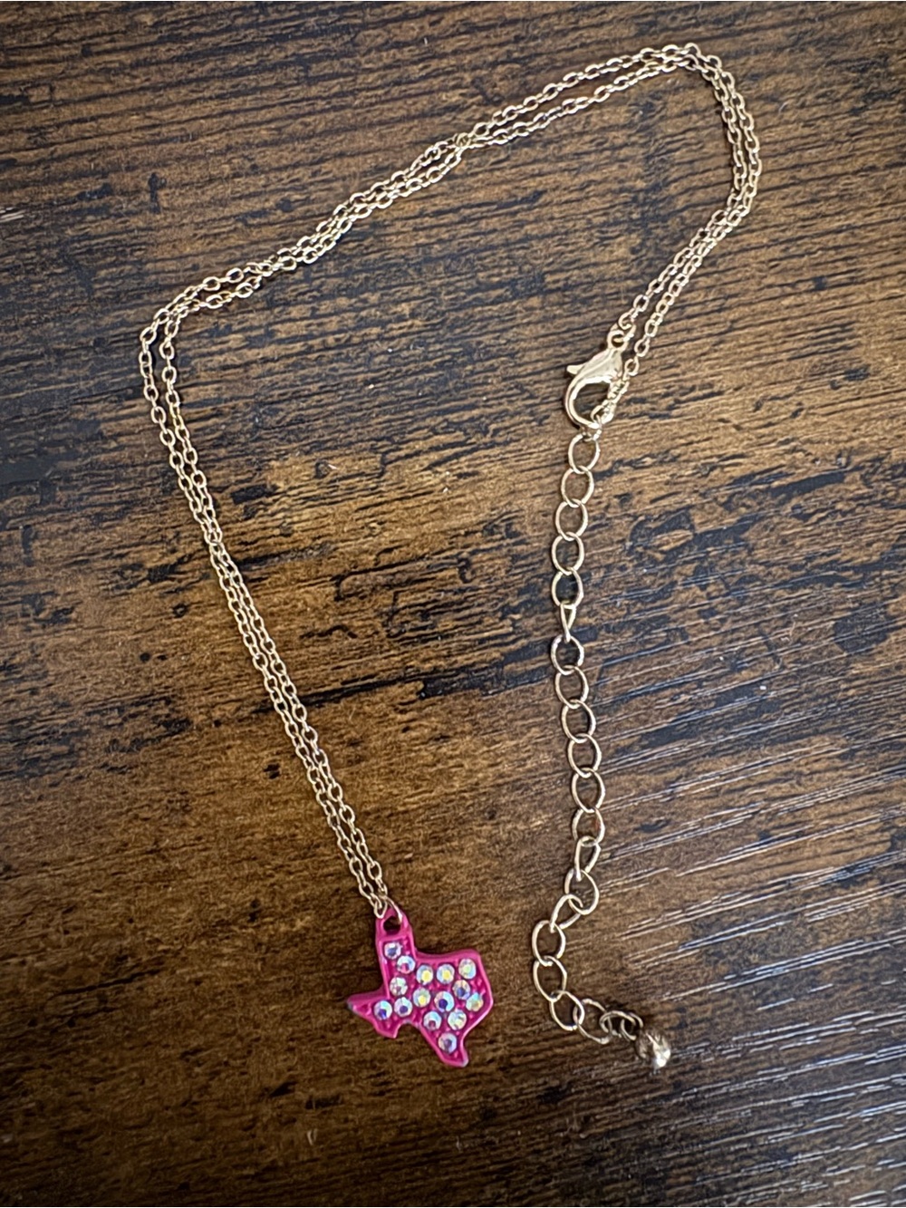 Gold Chain Necklace with Pink Texas Rhinestone Pendant